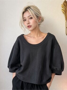 aerie Scoop Neck Puff Sleeve Sweatshirt in Charcoal